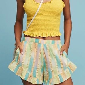 Anthropologie Pastel Striped Ruffle Hem Shorts - Yellow, Mint, Peach